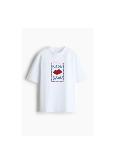 Kadın Premium Kumaş Baskılı Pamuklu Oversize T-shirt Ekru