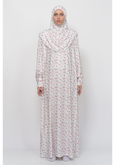 Pratik Tek Parça Çiçek Desenli Kollu Tak Çıkar Başörtülü Likralı Tesettür Namaz Elbisesi 990-0201 Pembe Antrasit