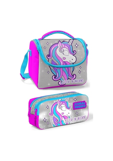 Coral High Pembe Mavi Unicorn Kız Çocuk Beslenme Çantası Seti
