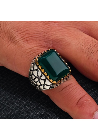 925 Ayar Kare Yeşil Akik Taşlı Tuğla Kasa Gümüş Erkek Yüzük Gümüş