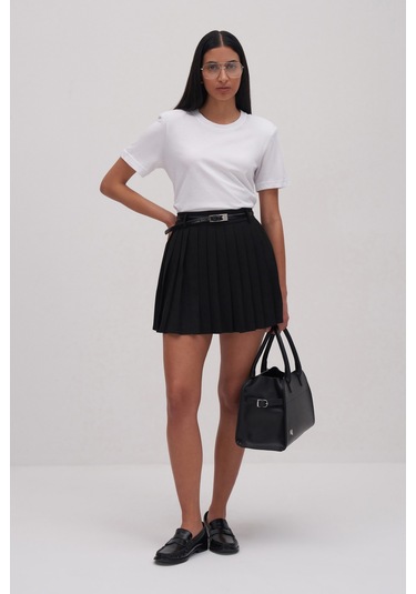 Yüksek Bel Pileli Mini Etek Siyah