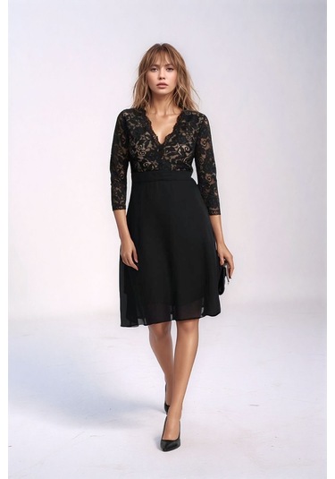 Kadın Tül Yaka Detaylı Truvakor Kol Şık Rahat Kalıp Büyük Beden Curve Abiye Gece Elbisesi Siyah