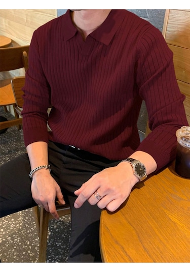 Bordo Erkek Polo Yaka Fitilli Triko Kazak Bordo