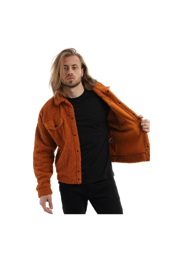Erkek Kıvırçık Peluş Cıt Cıt Kapamalı Ceket Tarçın