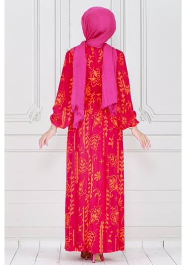 Sevitli Otantik Yarım Düğmeli Viscon Elbise-pembe-4012-pembe Pembe