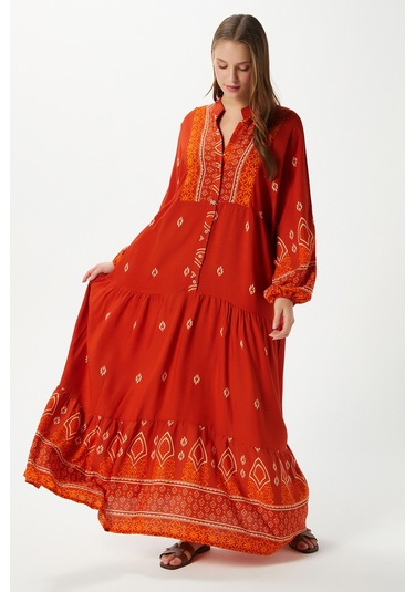 Modest Kadın Andrea Turuncu %100 Viskon Maksi Boy Yazlık Elbise Turuncuekrubej Çok Renkli