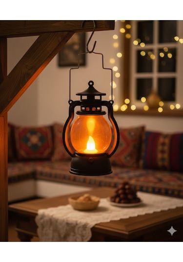13 Cm Ledli Gaz Lambası Model Siyah Fener - Pil Dahil Dekoratif Fener Diğer