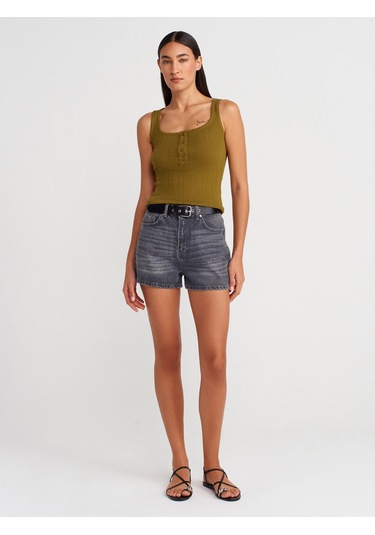 Dilvin 21069 Düğmeli Kare Yaka Top-k.yağ Yeşl K.yağ Yeşl