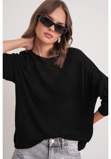 6933 Kadın Kayık Yaka İnce Mevsimlik Triko Kazak Siyah Siyah