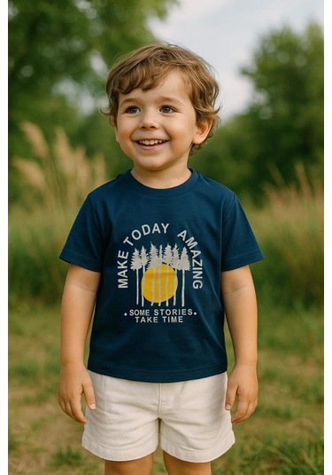 Erkek Çocuk %100 Pamuklu Baskılı Kısa Kollu Tişört - Lacivert 3-4 Yaş 8-9 Yaş Lacivert