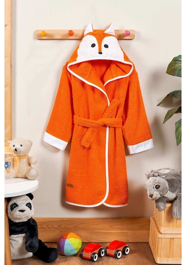 Formeya Kapşonlu Çocuk Bornoz %100 Pamuk Su Emici Tilki Figürlü Turuncu