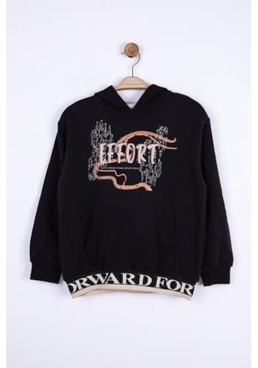 Erkek Çocuk Kapüşonlu Kanguru Cepli Effort Baskılı Sweatshirt-13016-siyah