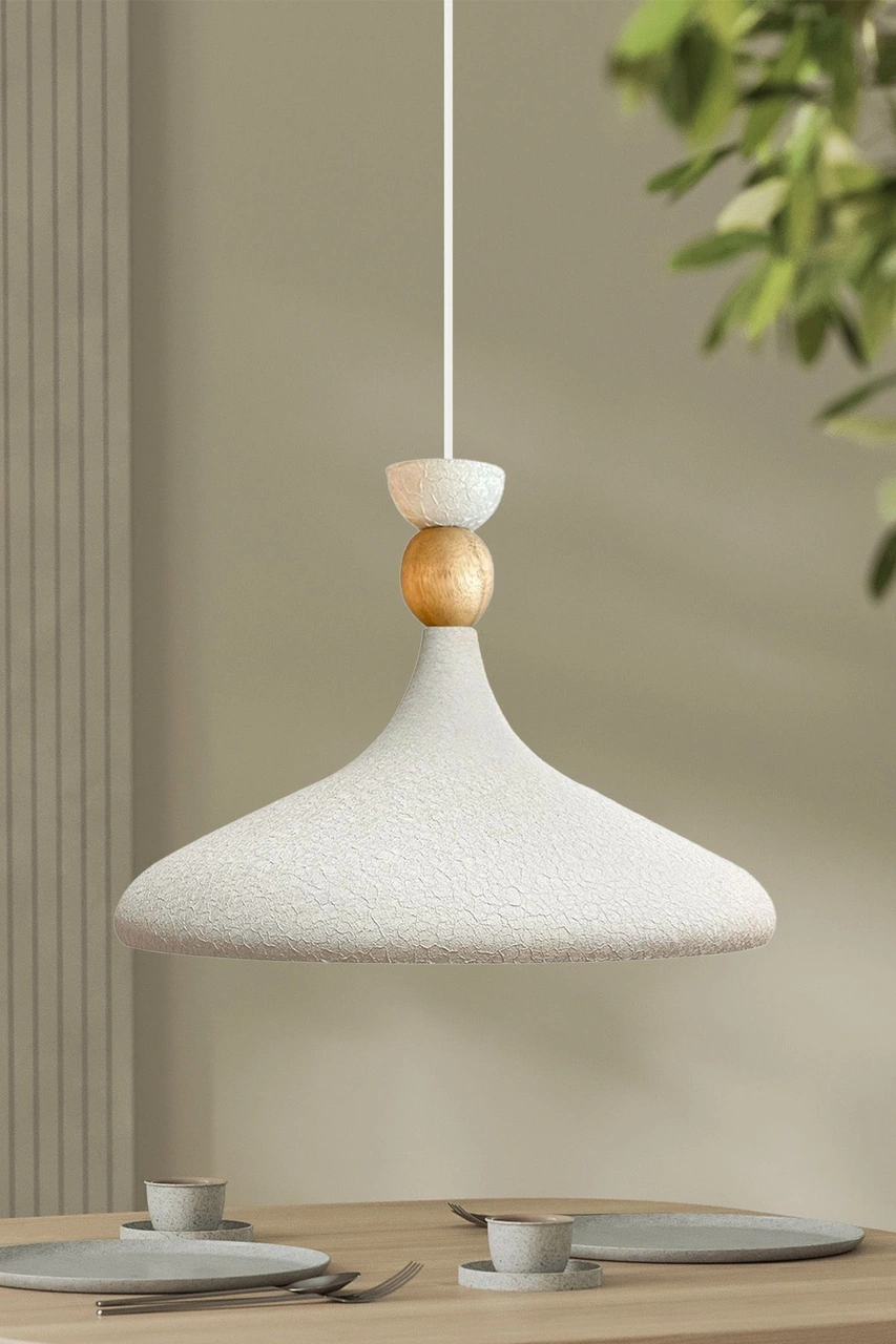 Dokulu Açık Krem Ahşap Şapka Tekli Avize Sarkıt Salon Mutfak Cafe Butik Lamba Aydınlatma Avizeler Dokulu Açık Krem