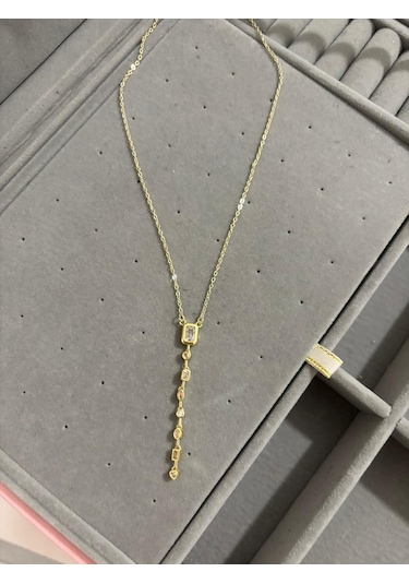 Çelik Mini Taşlı Gold Y Kolye Altin