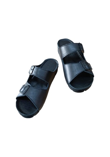 Castle Black 20317 Kadın Hakiki Deri İki Tokalı Comfort Terlik Siyah Siyah