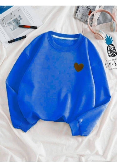 Kırmızı Minimal Kalp Baskılı Sweatshirt - Saks Mavi Kalın Kışlık Bisiklet Yaka Saksmavi