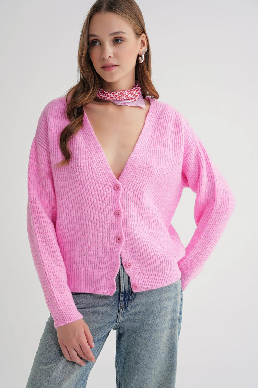 Mixray 6943 Kadın V Yaka Selanik Hırka Pembe