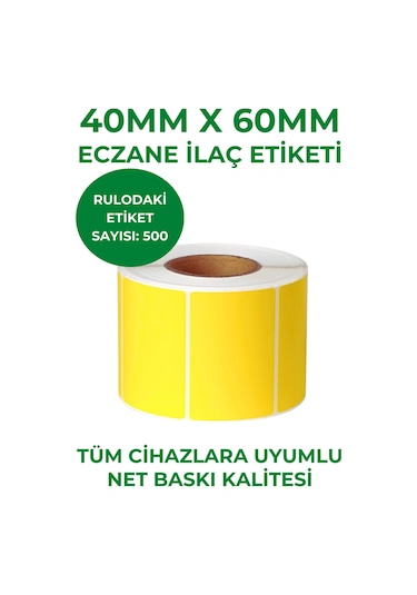 40x60 500lü Eczane İlaç Tarif Etiketi Sarı Renk 1 Adet
