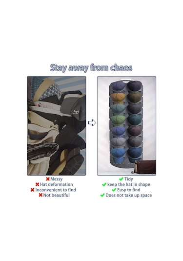 Geeroyoo Yumuşak Feltli Şapka Organizörü - Duvar/d Kapı Montajlı, 14 Şapka Kapasitesi, Şekli Koruyan Görünür Saklama Rafı Gri