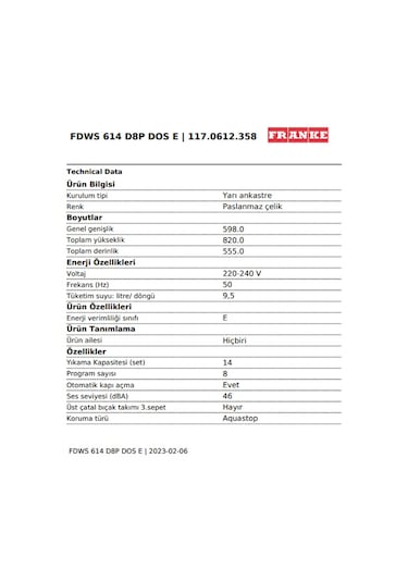 Franke FDWS 614 D8P DOS E 8 Programlı 14 Kişilik Ankastre Bulaşık Makinesi