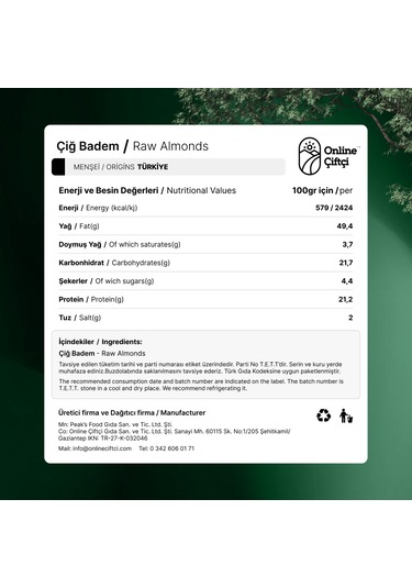 Online Çiftçi Çiğ Yerli Badem 400 G