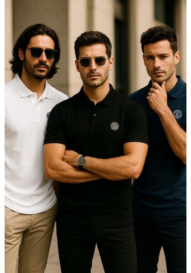 Erkek 3'lü Paket Tişört Rahat Kesim %100 Pamuklu Polo Yaka T-shirt Siyah-lacivert-beyaz 410