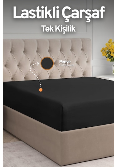 Eve Tekstil Fitted Yüksek Kaliteli Penye Kumaş Tek Kişilik Lastikli Çarşaf Siyah