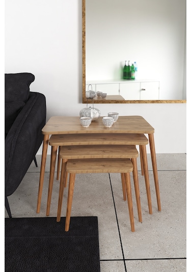 Selena 4lü Zigon Sehpa Ahşap Ayaklı Salon Seti Çay Sehpası Çam