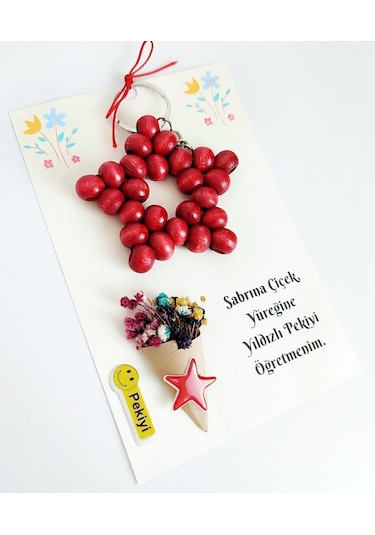 Öğretmenler Günü Hediyesi Kart Üzerinde Ahşap Boncuk Anahtarlık 1 Adet