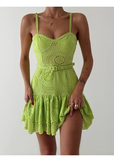 Askılı Dantel Güpür Kabartmalı Fırfırlı Sırtı Esnek Lastikli Mini Neon Fosfor Renk Yazlık Elbise Yeşil
