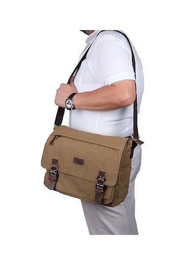 Bagacar Kanvas Kumaş Laptop Bölmeli Unisex Çapraz Çanta Bej