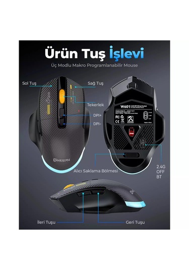 Mkespn Sxs-w601 7 Tuşlu Gaming Mouse Karbon Fiber 3 Modlu Kablolu - Bluetooth - Usb Alıcılı 12800 Dpı Makro Tanımlı Oyun Faresi -