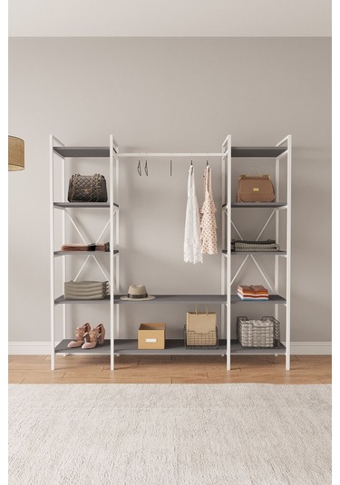 Nilamu Antrasit Elbise Dolabı Metal Gövdeli Açık Askılık & Organizer Dolap 175 170 34 Cm Antrasit