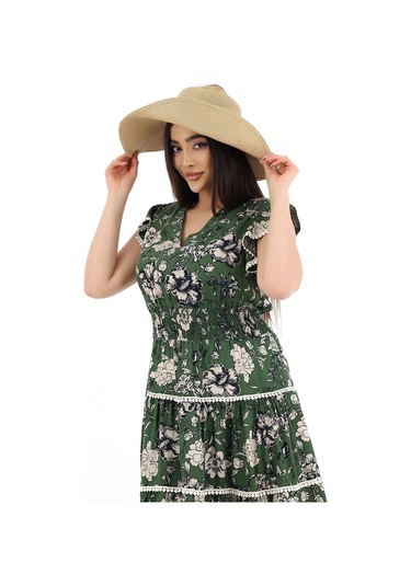 Kadın Viskon Yarım Kol V Yaka Gipeli Elbise Haki Haki