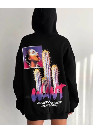 Baskılı Üç İplik Kapüşonlu Oversize Sweatshirt - Siyah Siyah