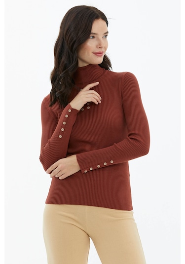 Tam Balıkçı Yaka Düğmeli Triko Kazak  - Kiremit