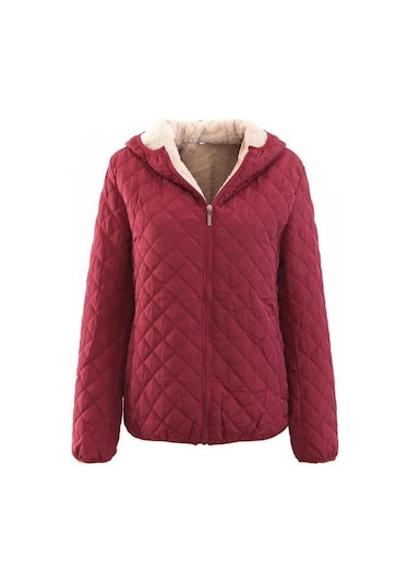 Kadın Kapşonlu Pamuk Ceket Sıcak Uzun Kollu Düz Renk Kapitone Fermuar Cep Rahat Gevşek Fit Kadın Ceket Şarap Kırmızısı Bordo