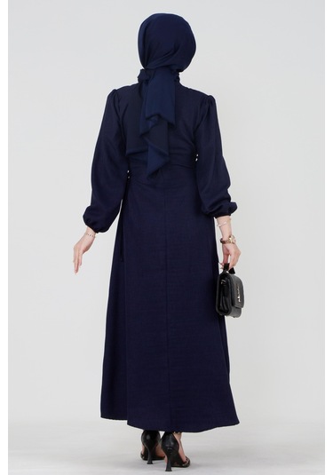 Yanı Bağcıklı Keten Elbise-lacivert-4077-lacivert Lacivert