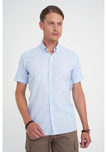 Comfort Fit Düğme Yaka Kısa Kol %100 Keten Düz Mavi Gömlek G 1596 Mavi