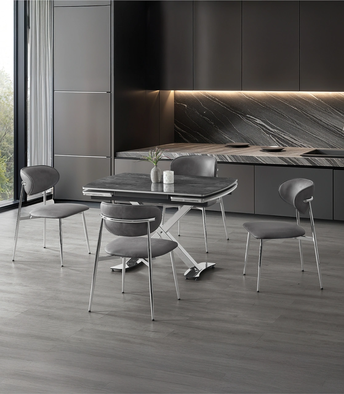 Dengema Diamond Açılır Masa Takımı Siyah Mermer - Krom Ayak 4 Sandalyeli, 80 X 120 / 180 Cm Siyah Mermer - Krom Ayak Dengema Diamond Açılır Masa Takımı Siyah Mermer - Krom Ayak 4 Sandalyeli, 80 X 120 / 180 Cm Siyah Mermer - Krom Ayak