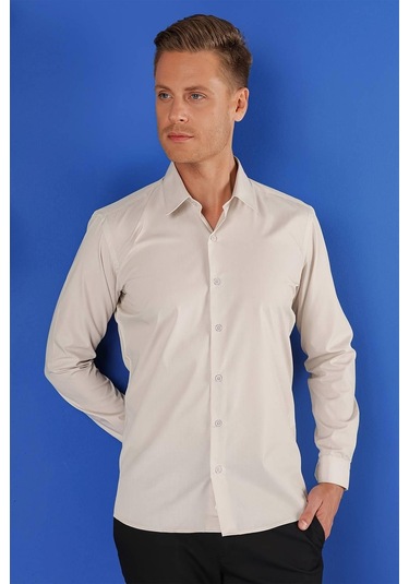 Gk 683 Slim Fit Kum Beji Klasik Gömlek Bej