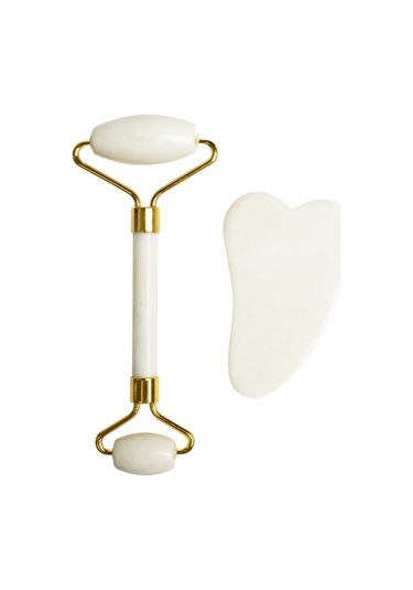 Doğal Yeşim Çift Kafa Masaj Rulo + Guasha Tahta Kazıyıcı Yüz Zayıflama Yaşlanma Karşıtı Kabarık Gözler Yüz Cilt Bakımı Araçları - Stil A Altın