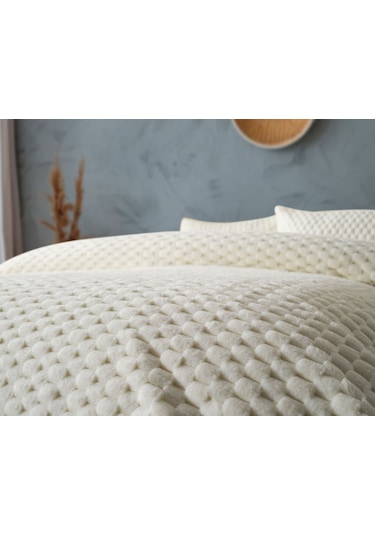 Doqu Petek Battaniye Seti Çift Kişilik Krem Diğer