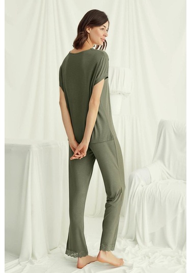 Monamise 18488 Kadın V Yaka Kısa Kollu Pijama Takımı-haki Haki