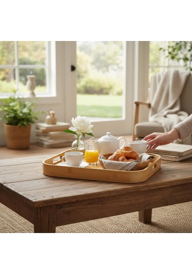 Mybru Dikdörtgen Bambu Tepsi 2'li Set Ahşap