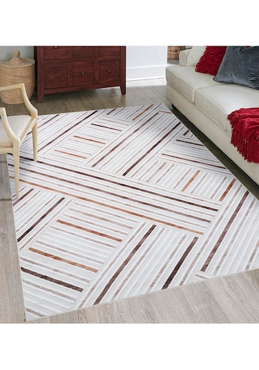 Tropikal Home Modern Desenli Kaymaz Taban Elit Şık Dört Mevsim Yıkanabilir Halı Yolluk Kahve 14014