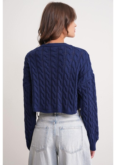6863 Kadın Saç Örgülü Crop Triko Kazak Lacivert Lacivert