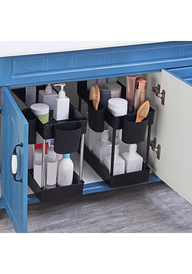 Moveevo 2 Katlı Paslanmaz Çelik Renkli Lavabo Altı Organizer, Su Akıtma Tasarımı İle 2 Bardak Tutuculu, Mutfak Ve Banyo Depolama Rafı Siyah