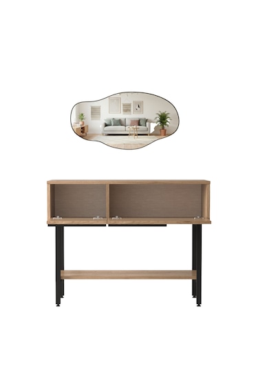 Robin Home Antre Hol Salon Aynalı Dresuar Kapaklı Metal Ayaklı No1 Sepet Kahverengi