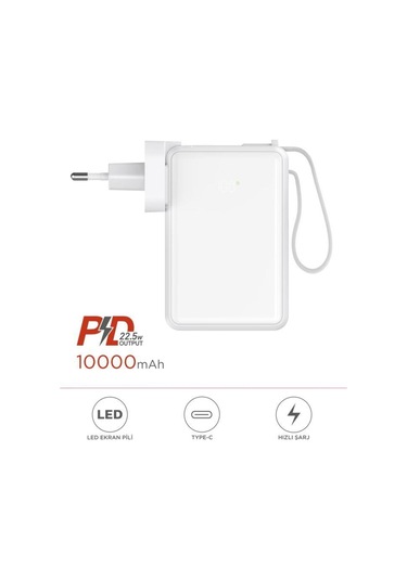 1017 10000 Mah Type-c Taşınabilir 22,5 W Hızlı Şarj Dijital Göstergeli Powerbank Beyaz